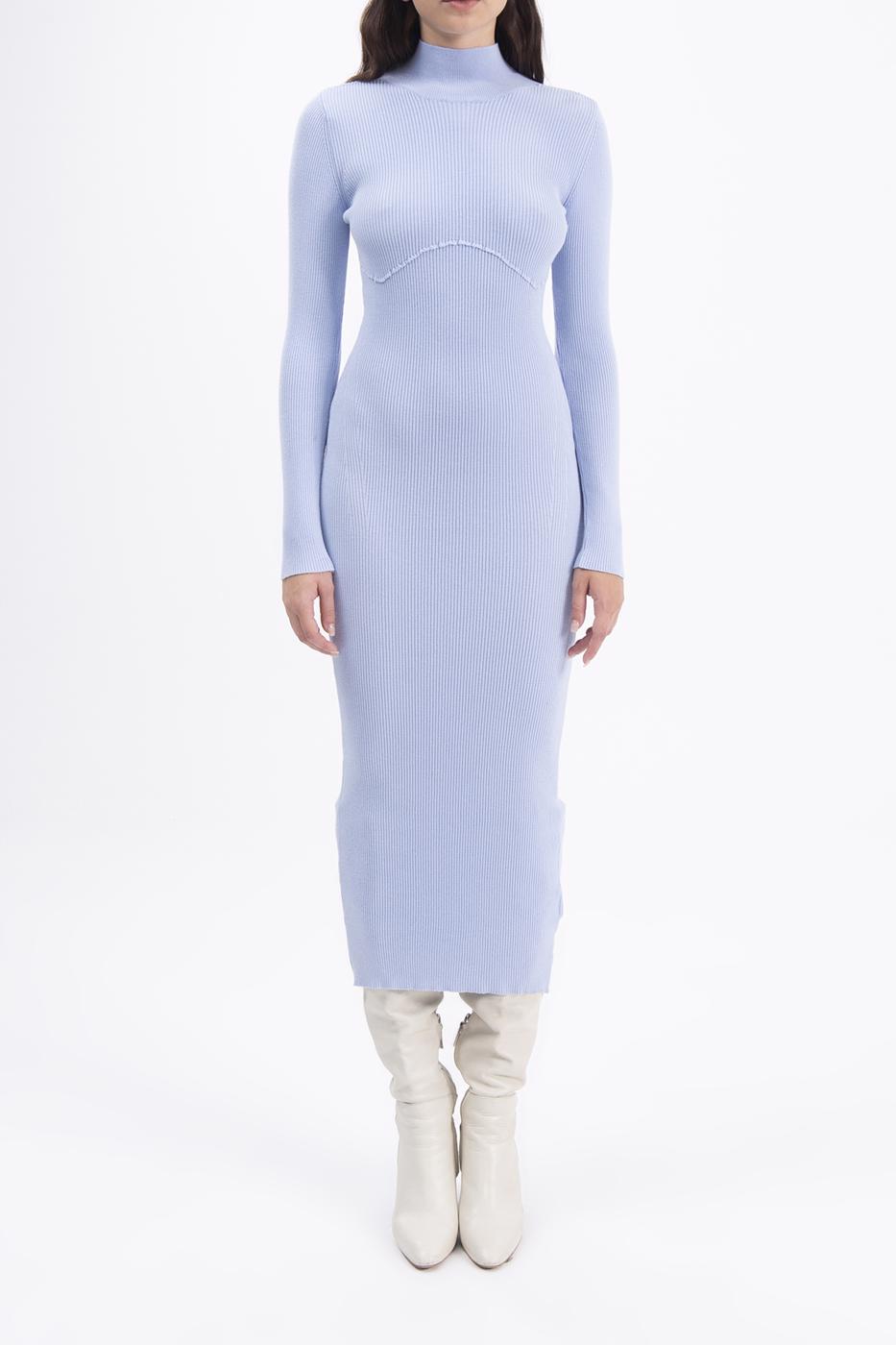 Bayan Mavi Dik Yakalı Triko Kalem Elbise
