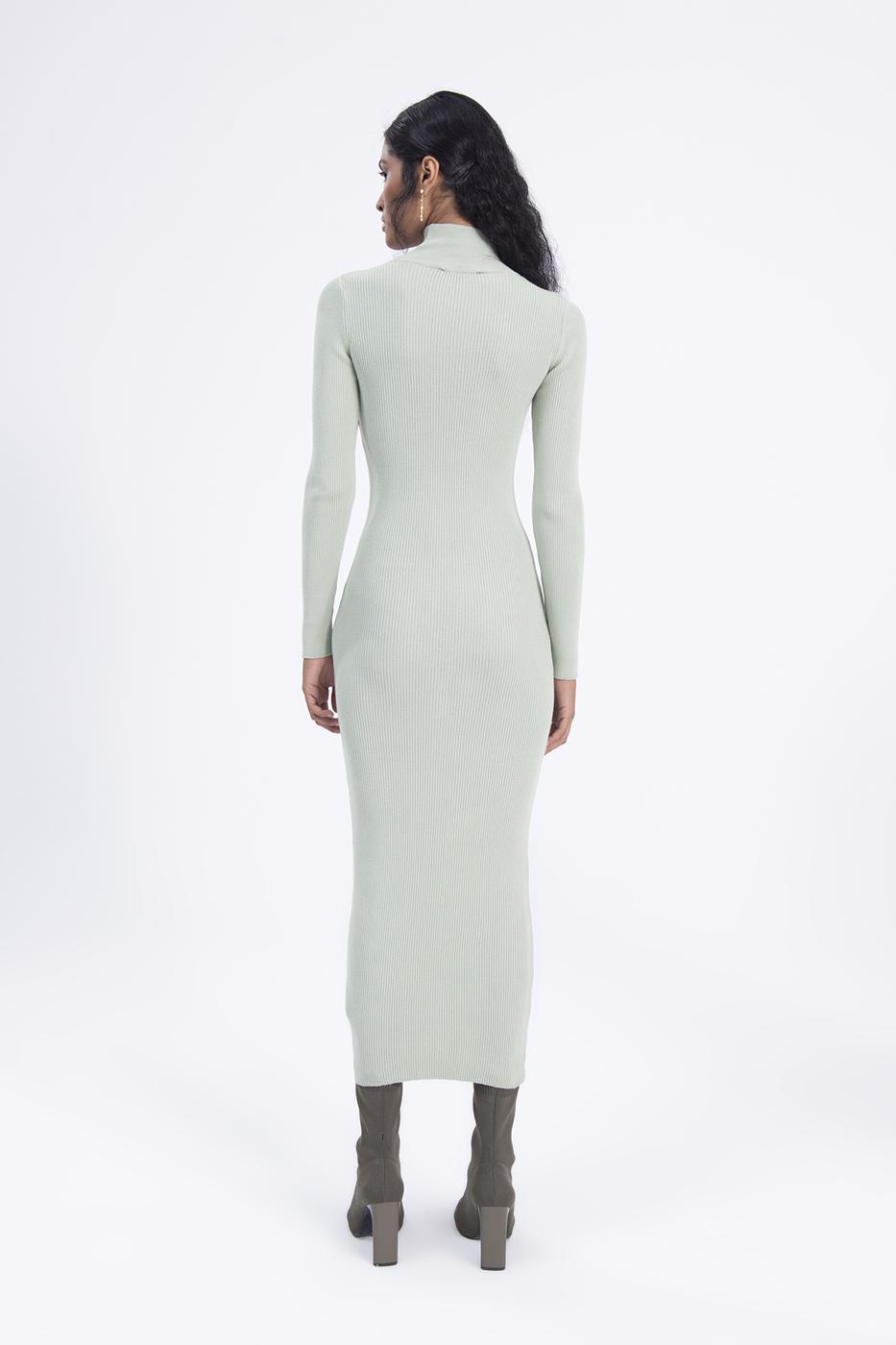 Bayan Yeşil Dik Yakalı Triko Kalem Elbise