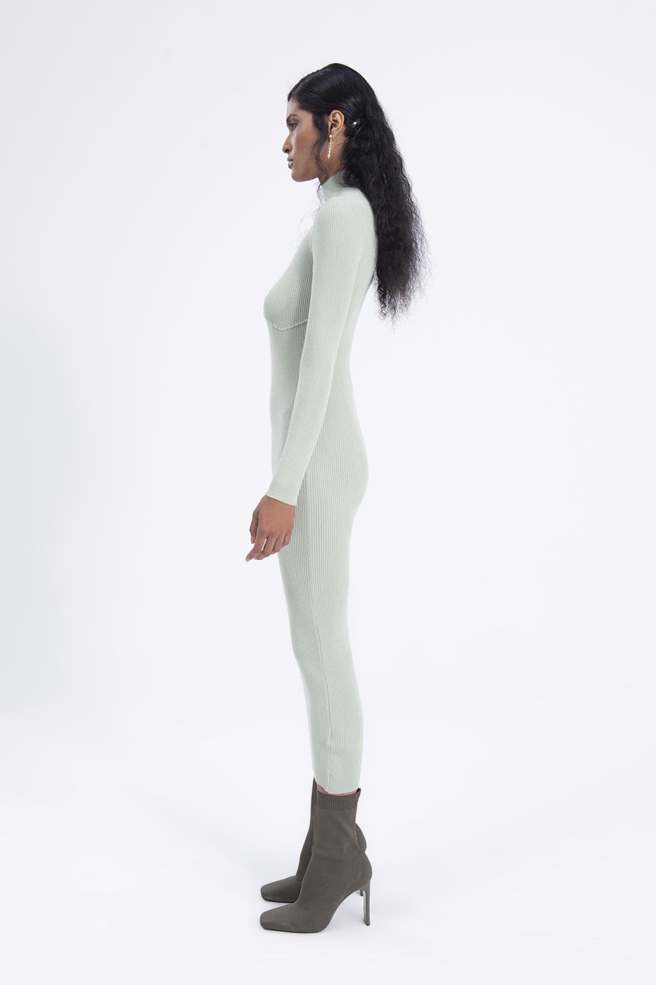 Bayan Yeşil Dik Yakalı Triko Kalem Elbise