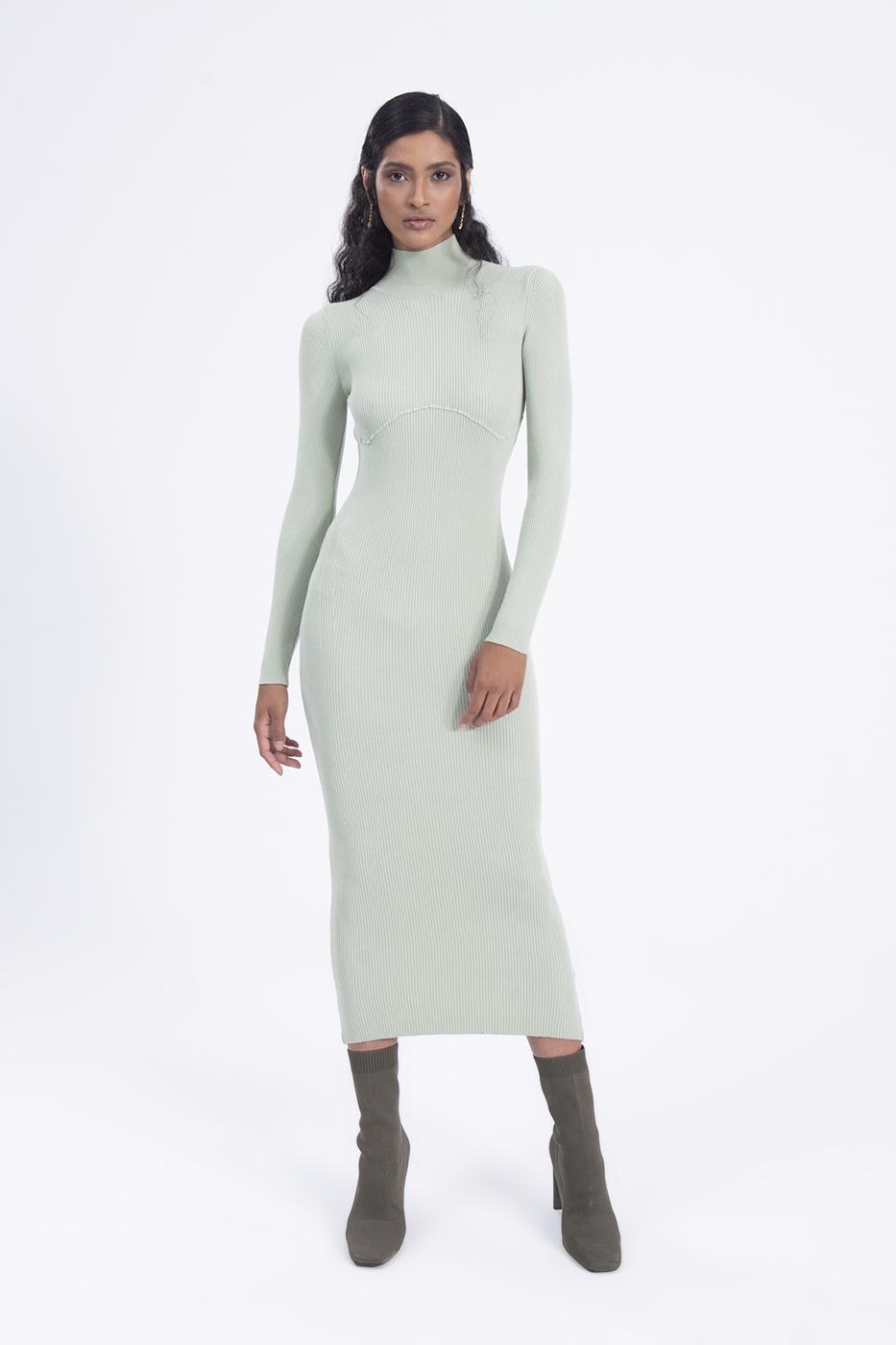 Bayan Yeşil Dik Yakalı Triko Kalem Elbise