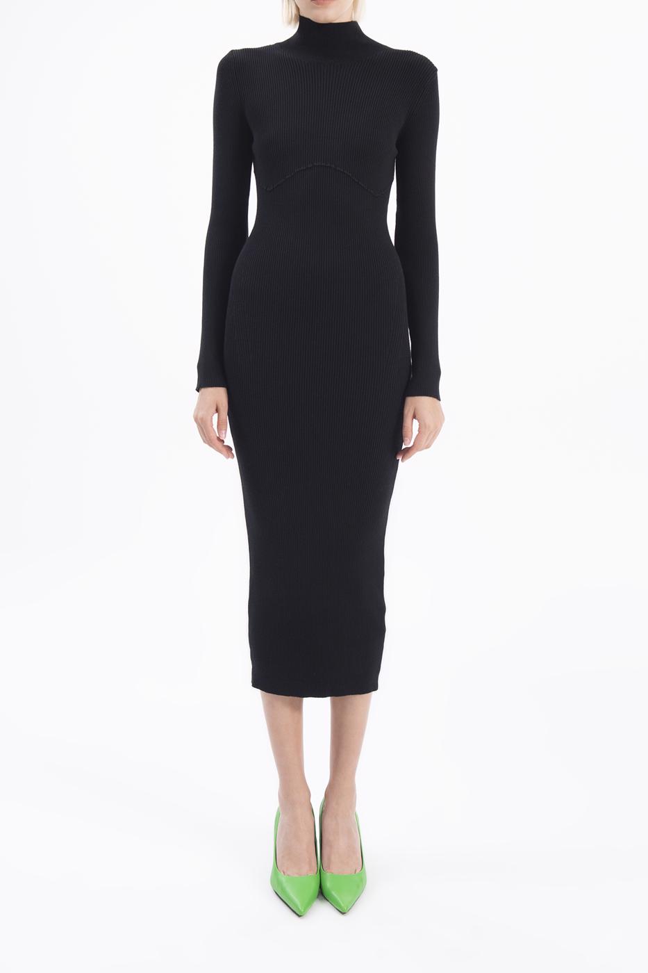 Bayan Siyah Dik Yakalı Triko Kalem Elbise