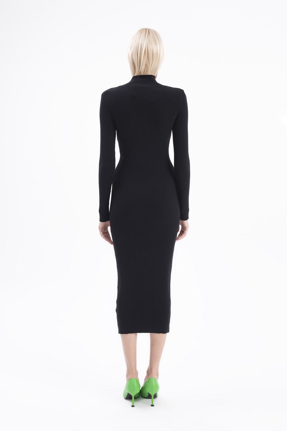 Bayan Siyah Dik Yakalı Triko Kalem Elbise