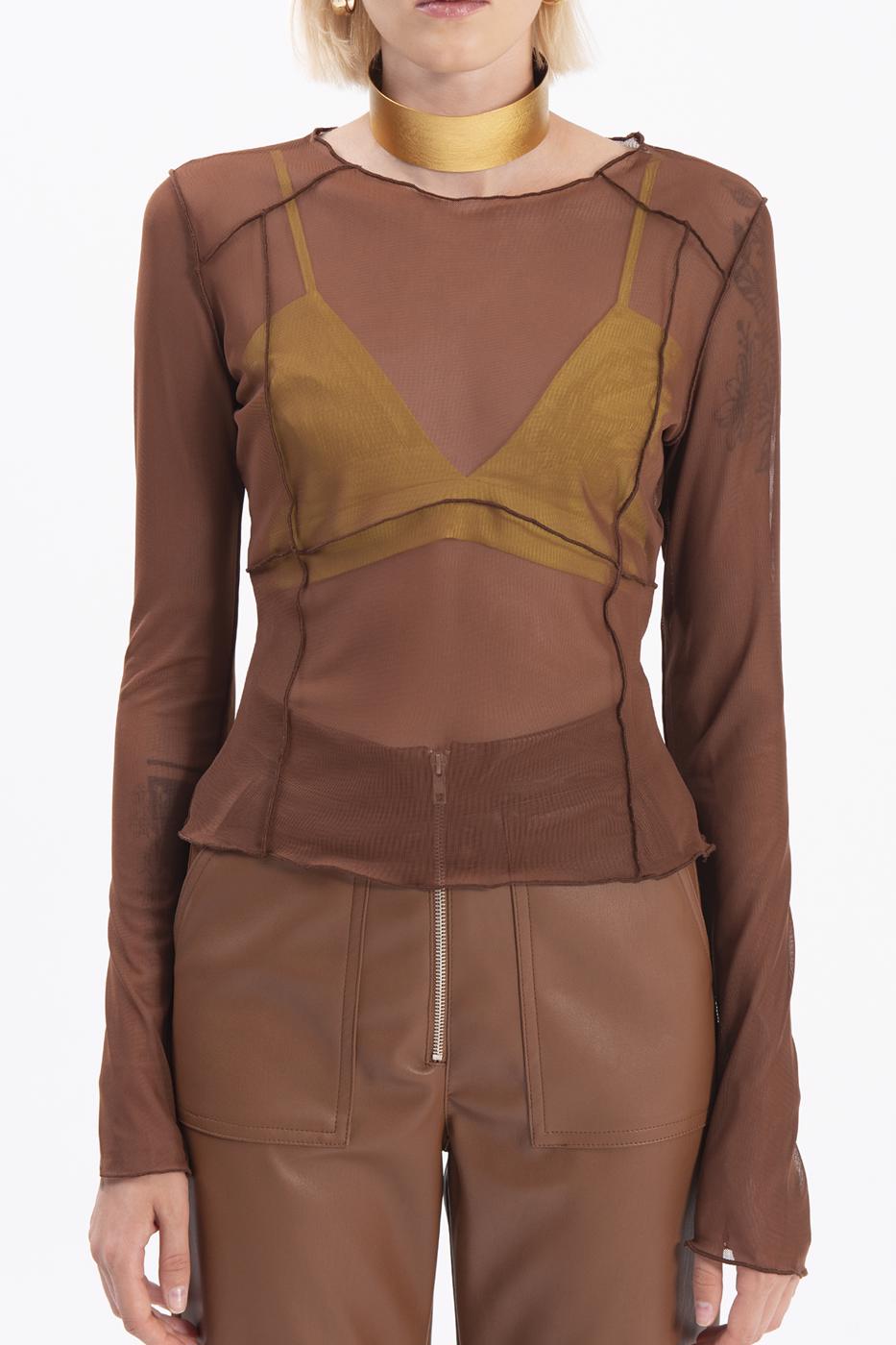 Bayan Kahverengi Uzun Kollu Tül Body