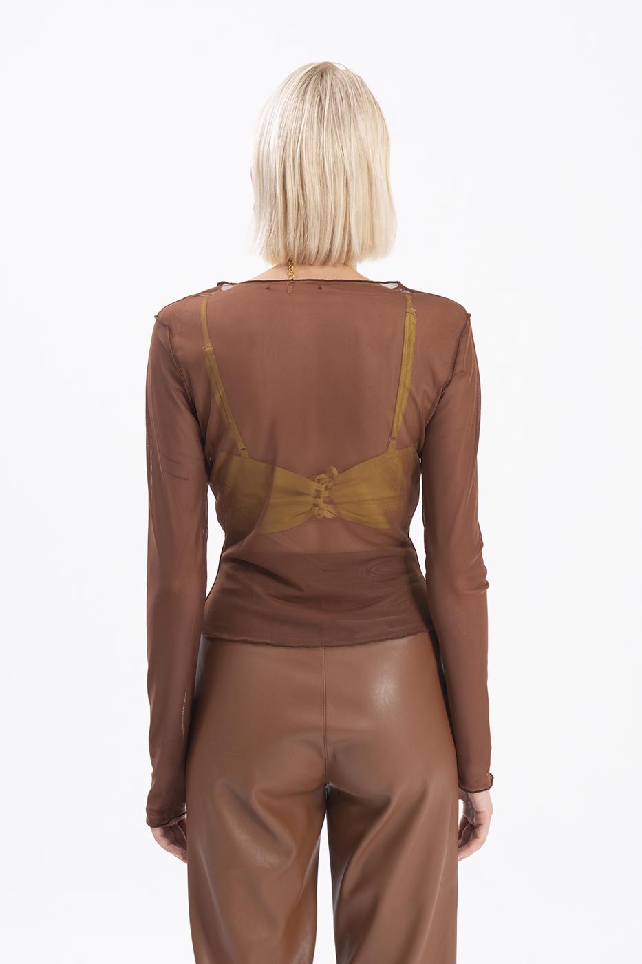 Bayan Kahverengi Uzun Kollu Tül Body