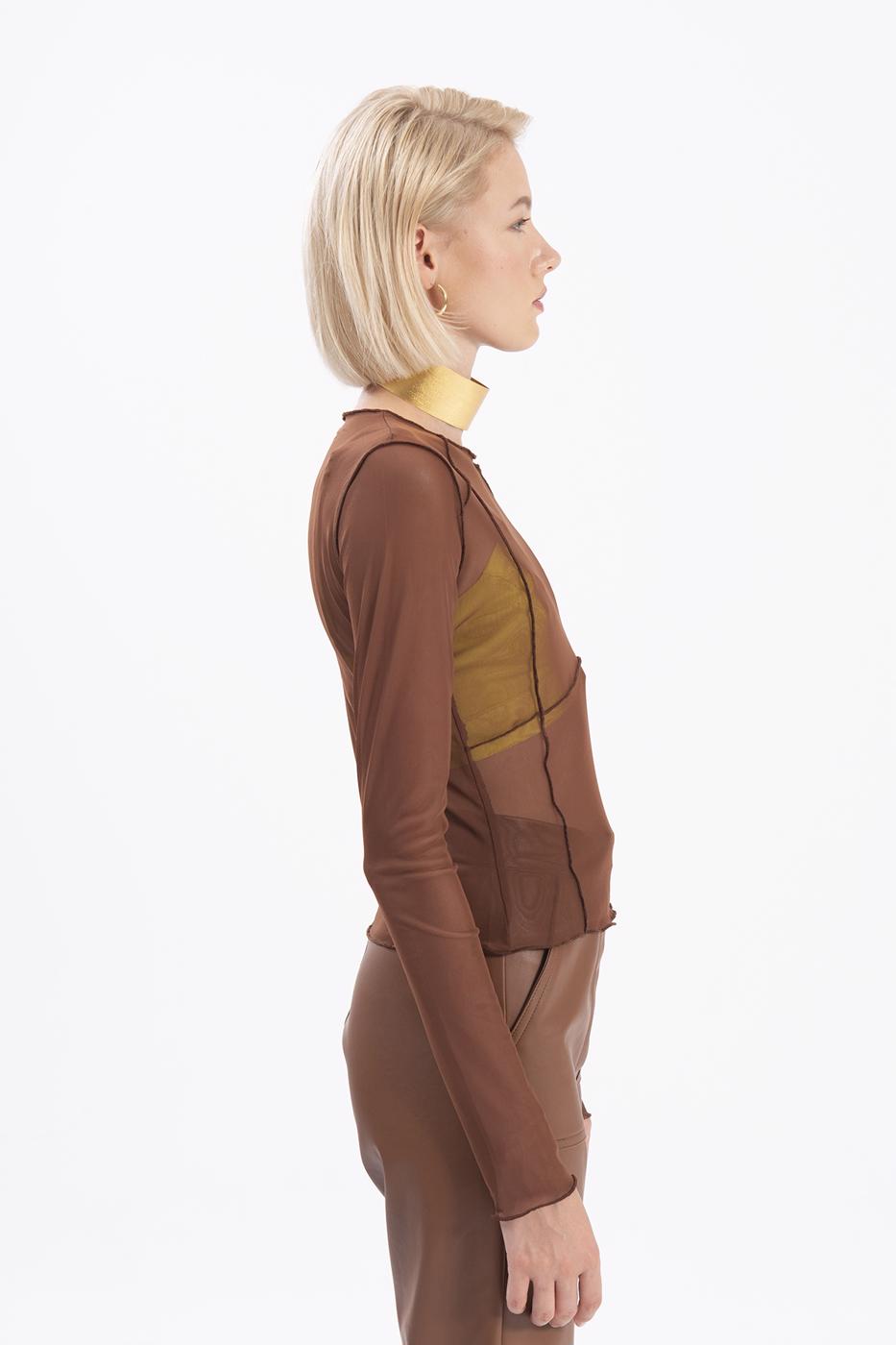 Bayan Kahverengi Uzun Kollu Tül Body