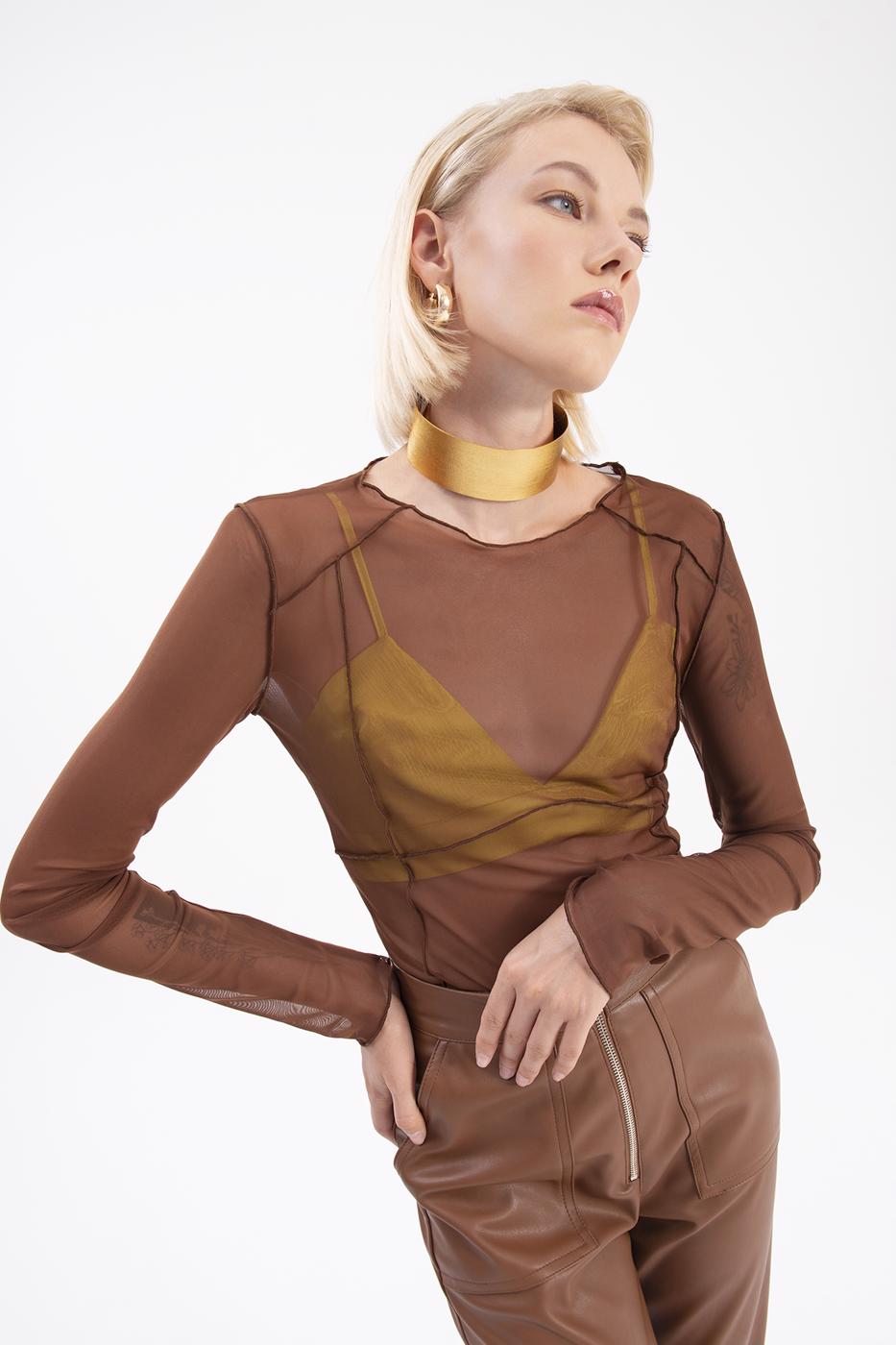 Bayan Kahverengi Uzun Kollu Tül Body