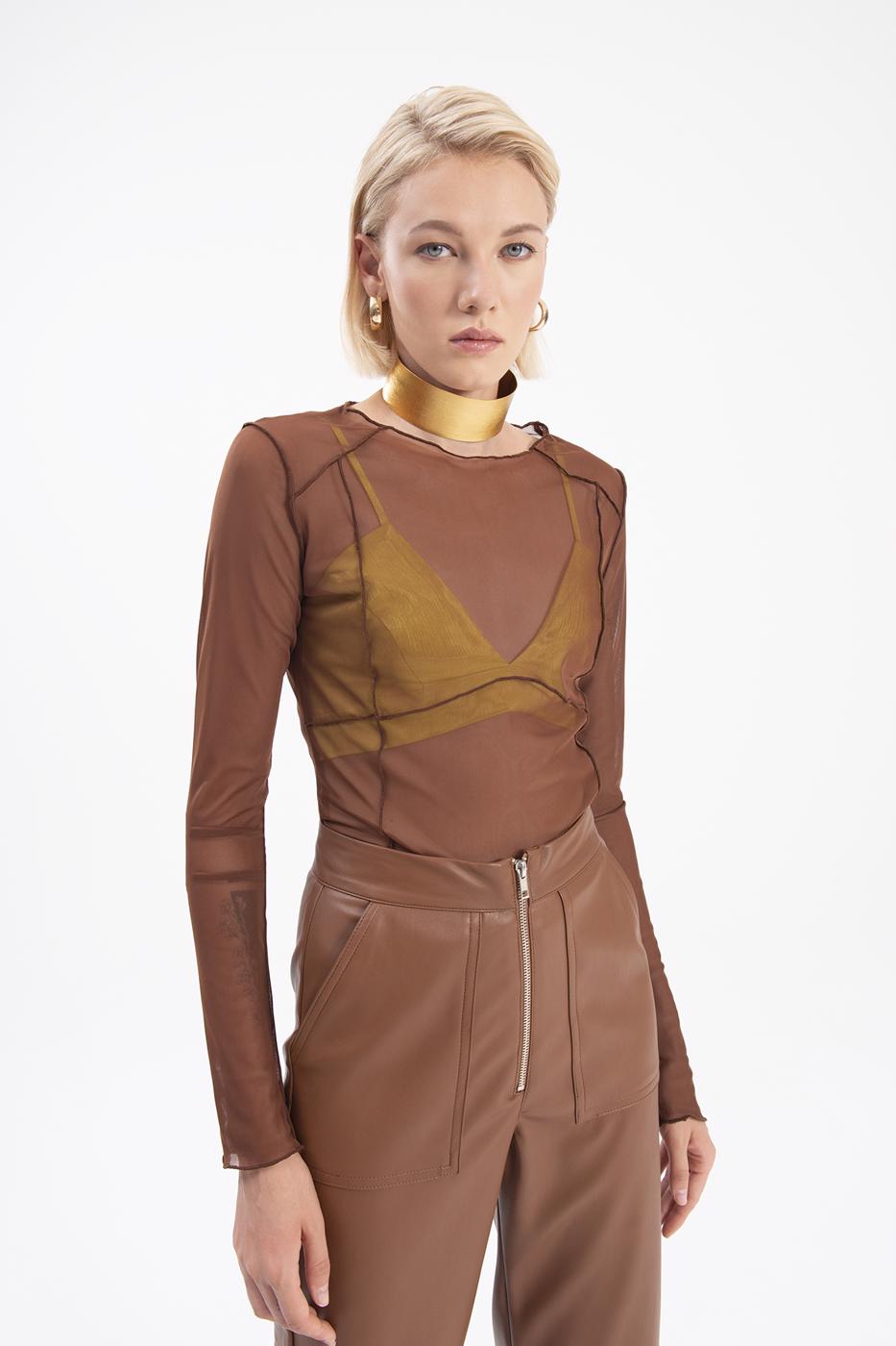 Bayan Kahverengi Uzun Kollu Tül Body