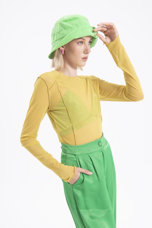 Bayan Sarı Uzun Kollu Tül Body - BSL