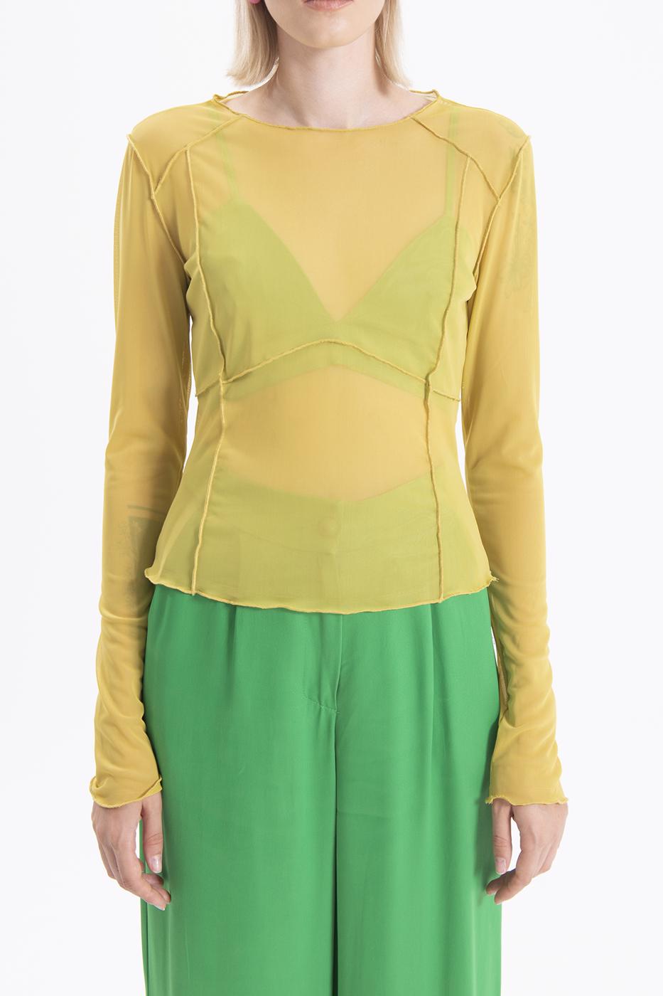 Bayan Sarı Uzun Kollu Tül Body