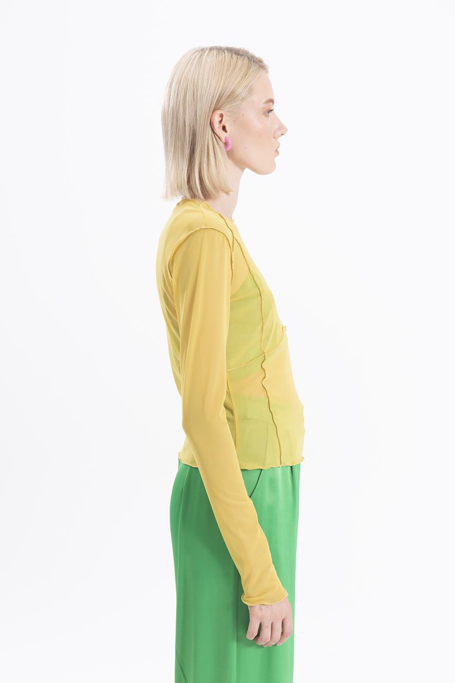 Bayan Sarı Uzun Kollu Tül Body