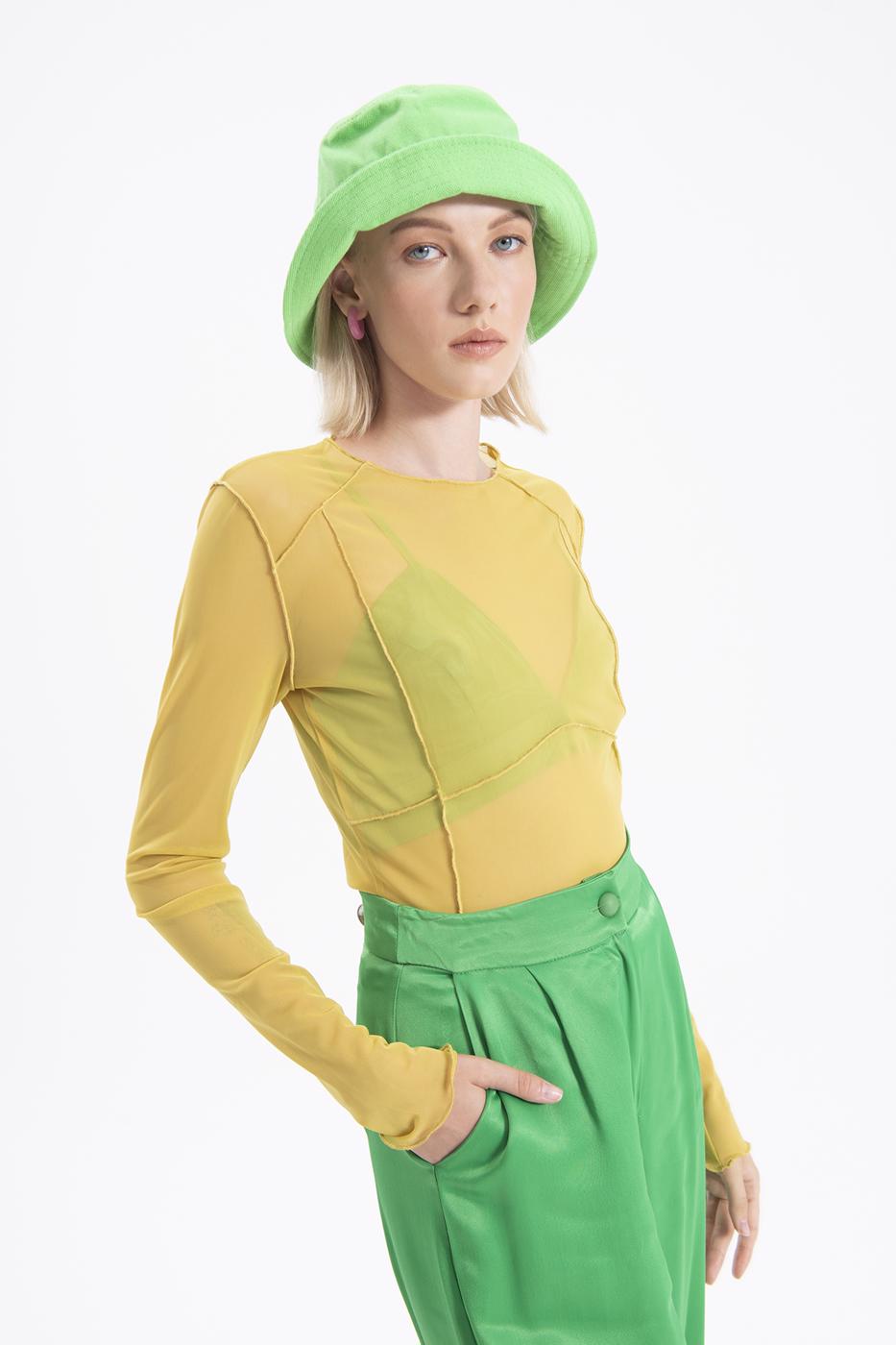 Bayan Sarı Uzun Kollu Tül Body