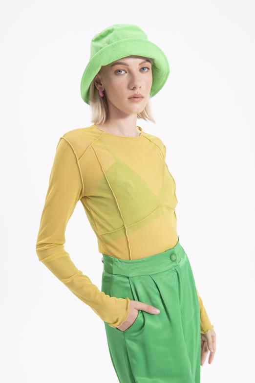 Bayan Sarı Uzun Kollu Tül Body - BSL