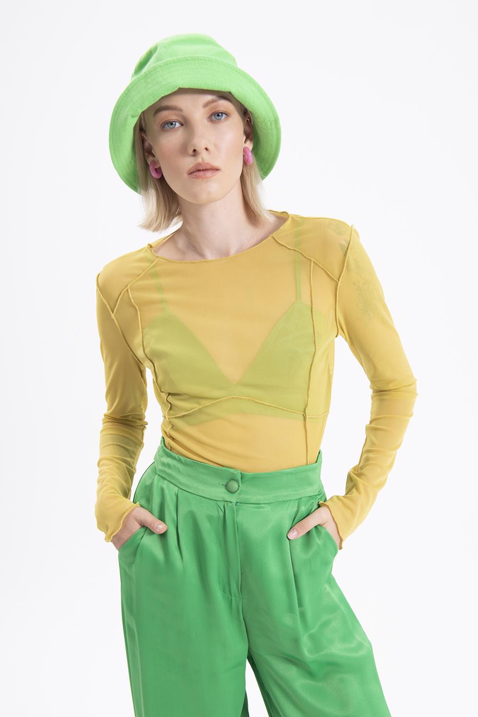 Bayan Sarı Uzun Kollu Tül Body