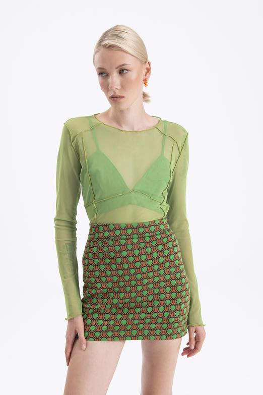 Bayan Yeşil Uzun Kollu Tül Body - BSL