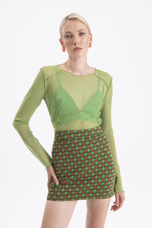 Bayan Yeşil Uzun Kollu Tül Body - BSL