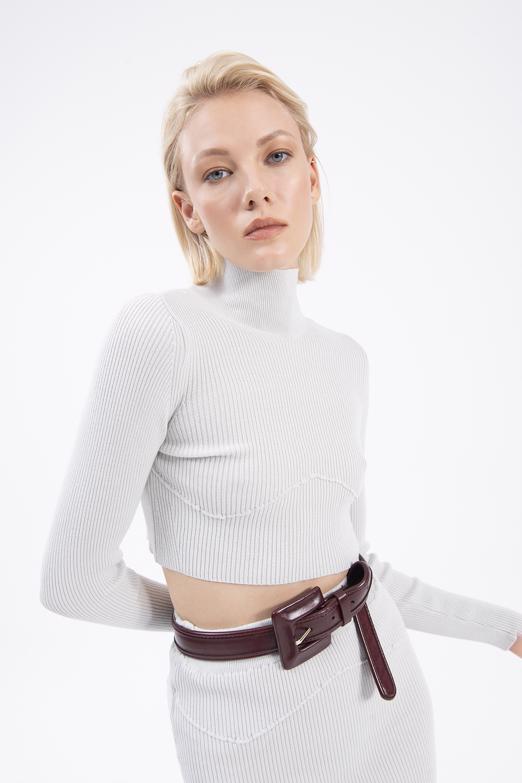 Bayan Gri Dik Yakalı Crop Triko Bluz - BSL