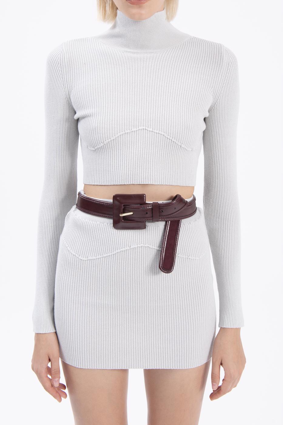 Bayan Gri Dik Yakalı Crop Triko Bluz