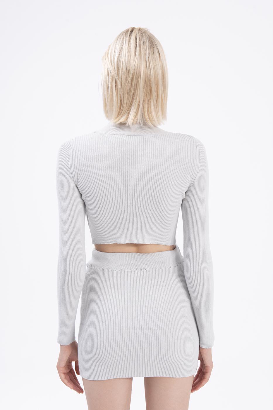 Bayan Gri Dik Yakalı Crop Triko Bluz