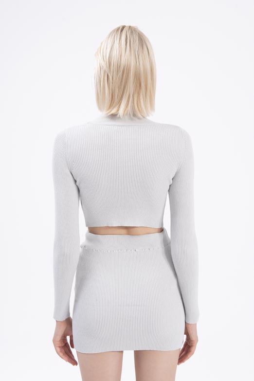 Bayan Gri Dik Yakalı Crop Triko Bluz - BSL