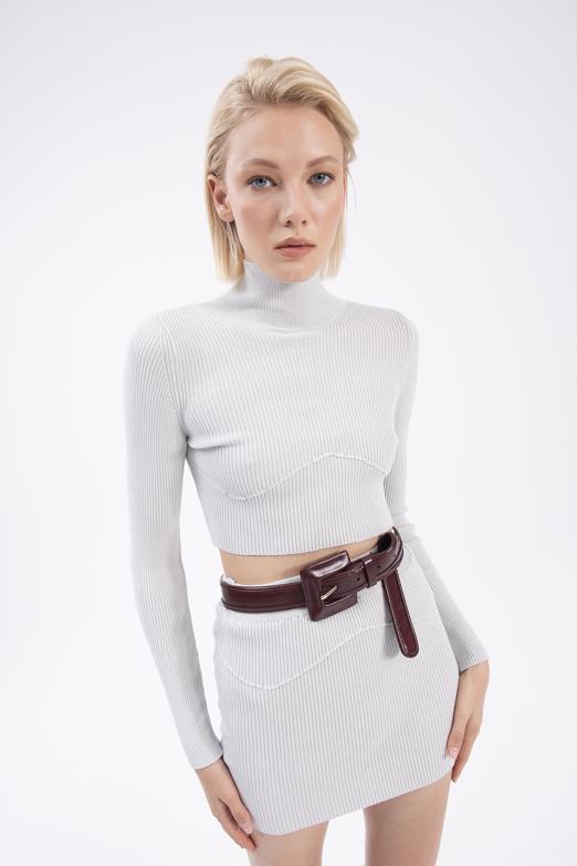 Bayan Gri Dik Yakalı Crop Triko Bluz - BSL