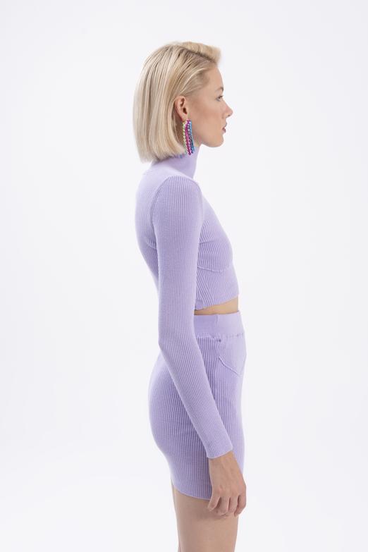 Bayan Lila Dik Yakalı Crop Triko Bluz - BSL