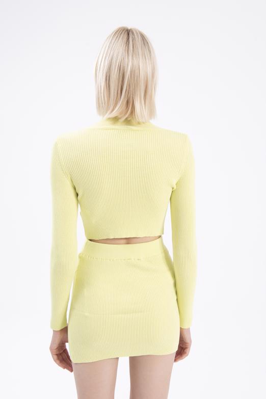 Bayan Sarı Dik Yakalı Crop Triko Bluz - BSL