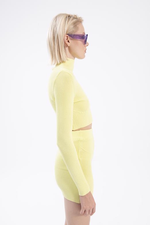 Bayan Sarı Dik Yakalı Crop Triko Bluz - BSL