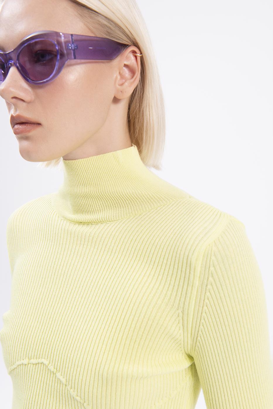 Bayan Sarı Dik Yakalı Crop Triko Bluz