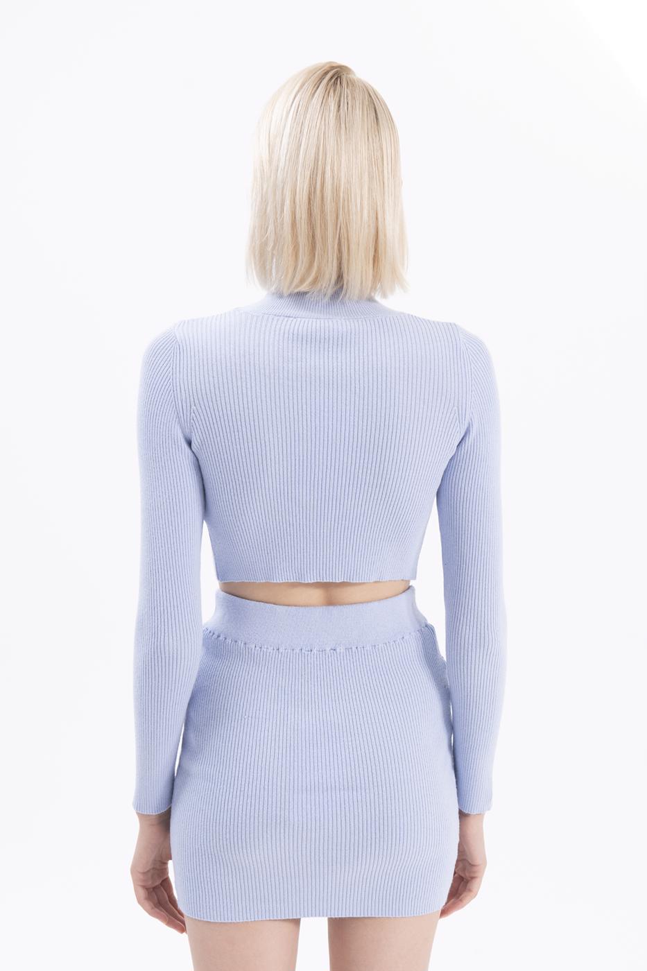 Bayan Mavi Dik Yakalı Crop Triko Bluz