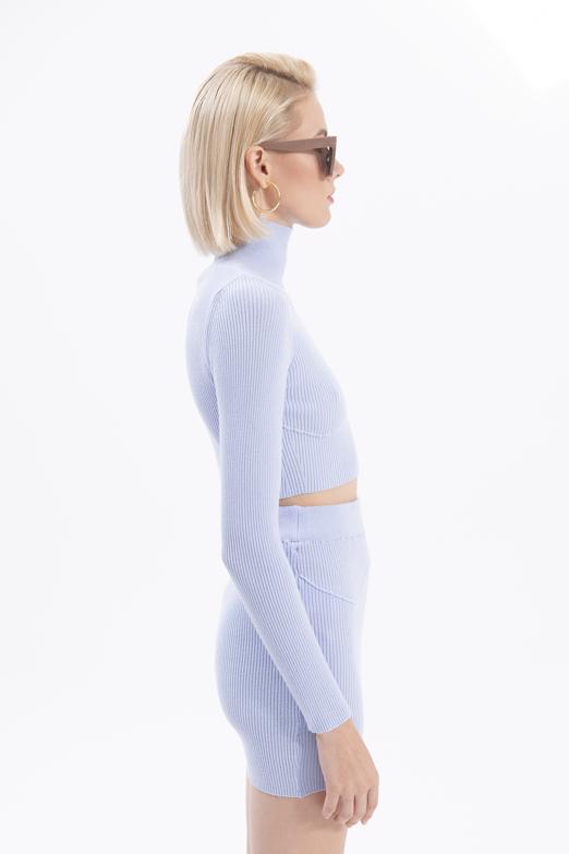 Bayan Mavi Dik Yakalı Crop Triko Bluz - BSL