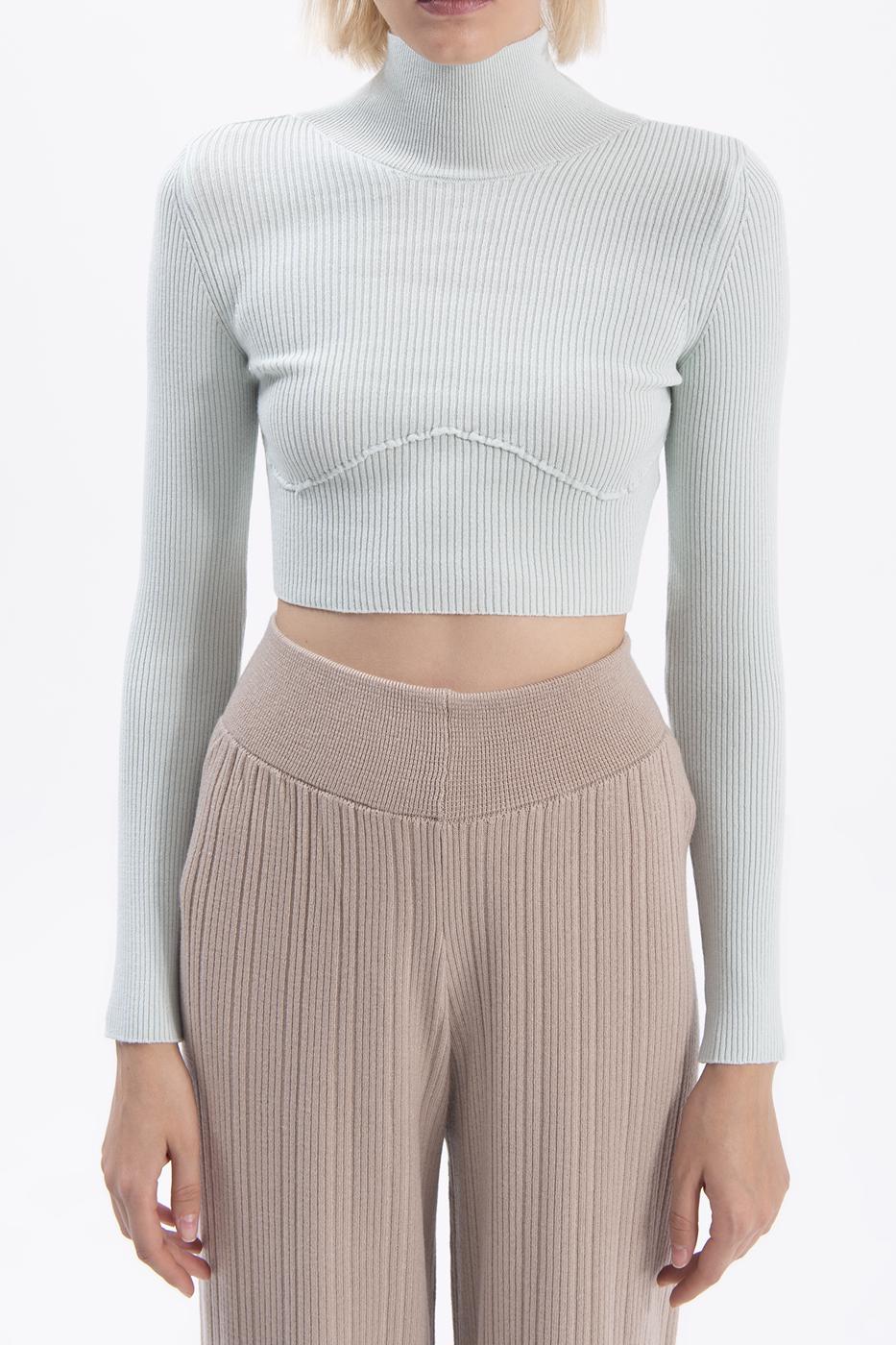 Bayan Yeşil Dik Yakalı Crop Triko Bluz