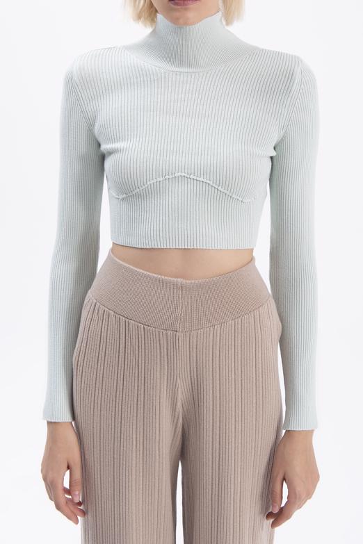 Bayan Yeşil Dik Yakalı Crop Triko Bluz - BSL