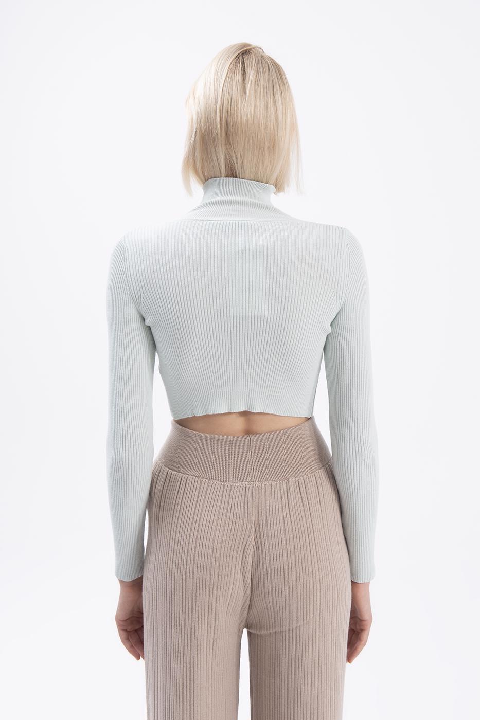 Bayan Yeşil Dik Yakalı Crop Triko Bluz