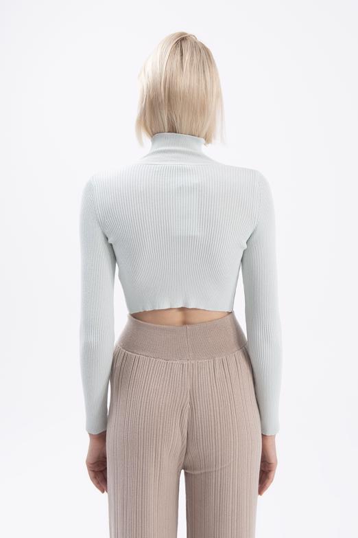 Bayan Yeşil Dik Yakalı Crop Triko Bluz - BSL