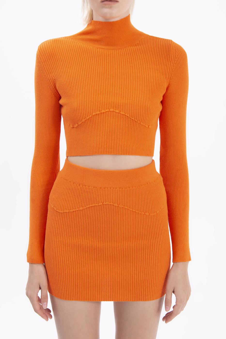 Bayan Oranj Dik Yakalı Crop Triko Bluz