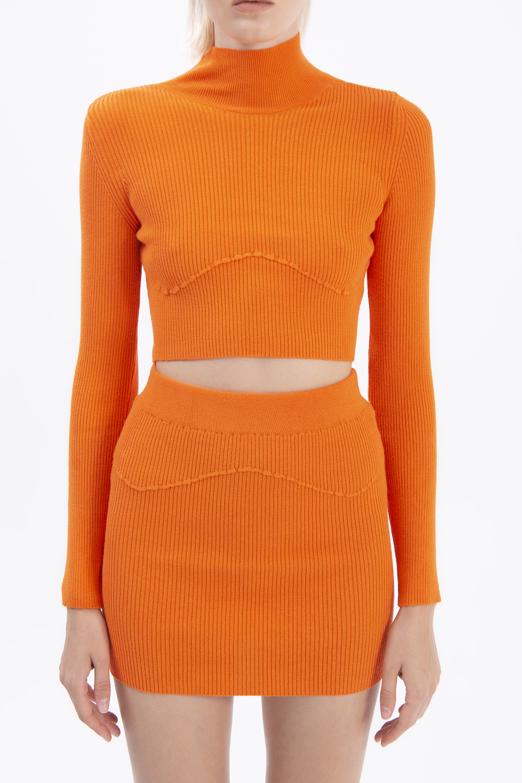 Bayan Oranj Dik Yakalı Crop Triko Bluz - BSL