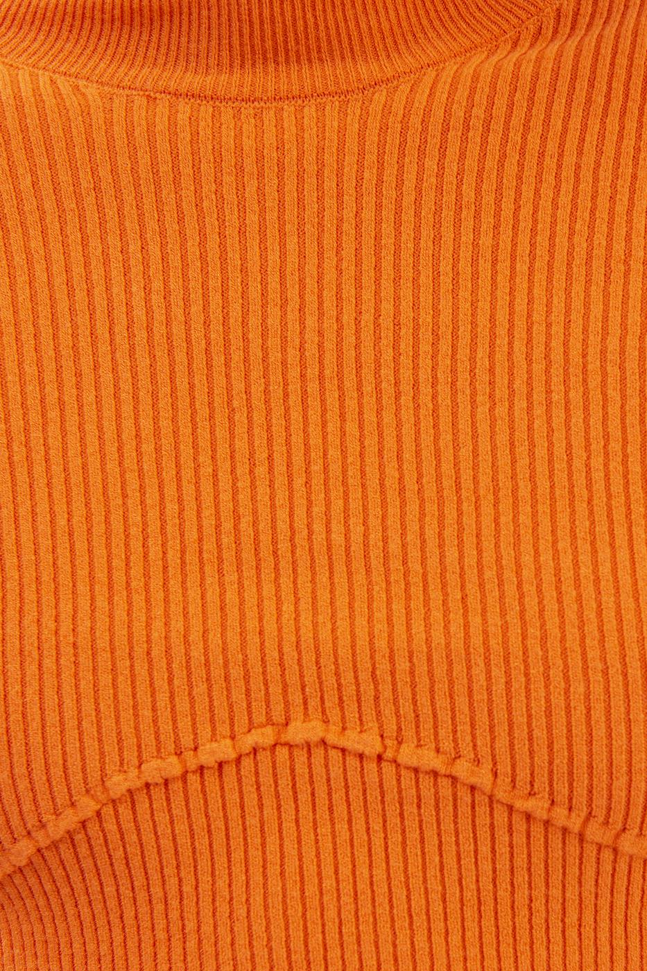 Bayan Oranj Dik Yakalı Crop Triko Bluz