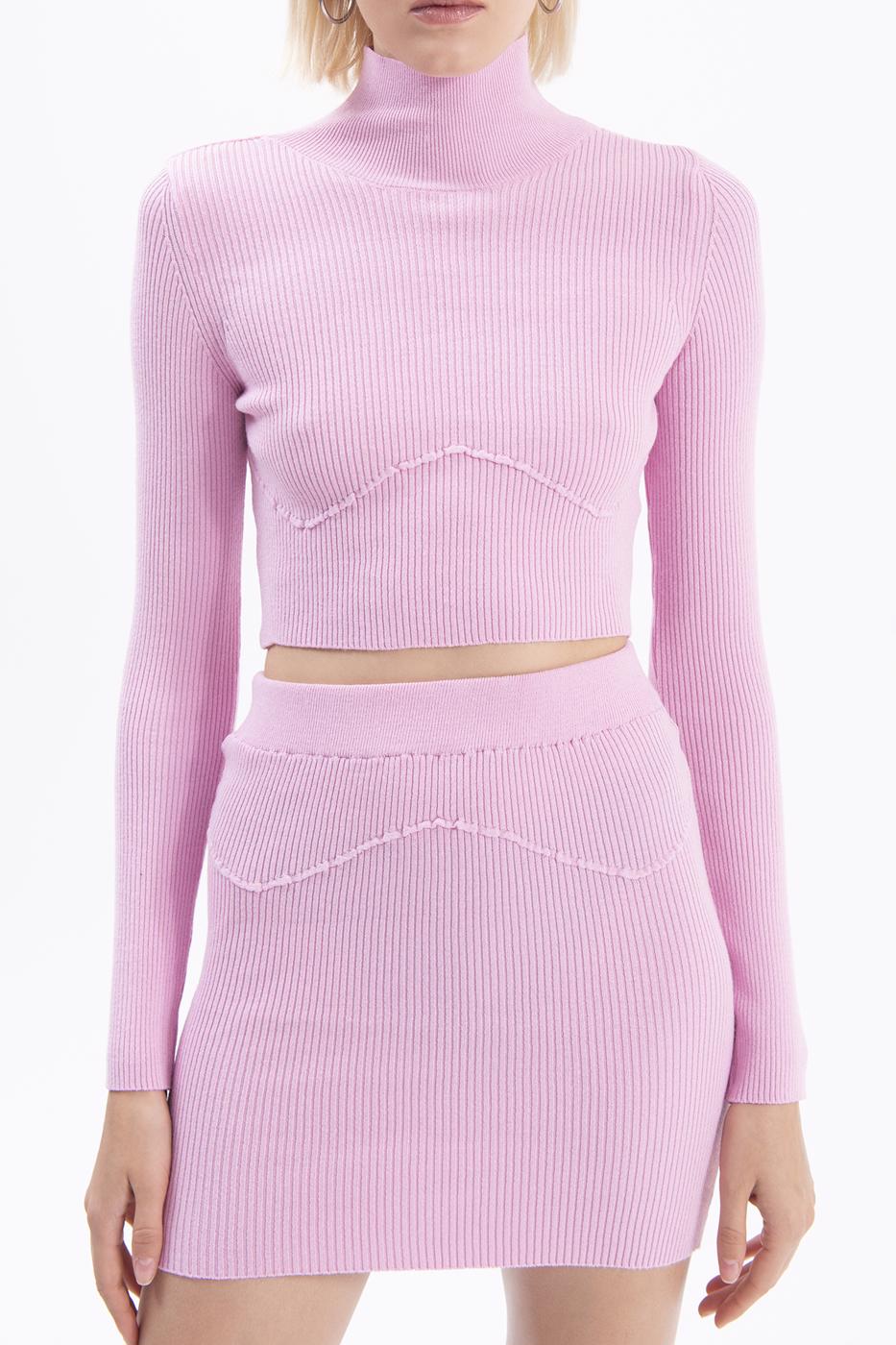 Bayan Pembe Dik Yakalı Crop Triko Bluz