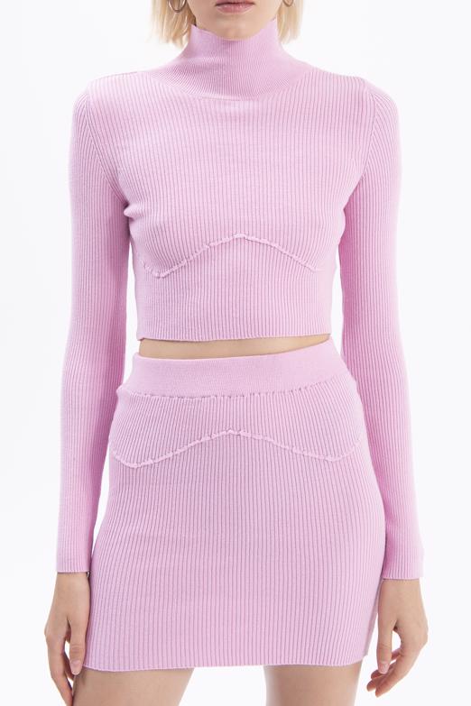 Bayan Pembe Dik Yakalı Crop Triko Bluz - BSL