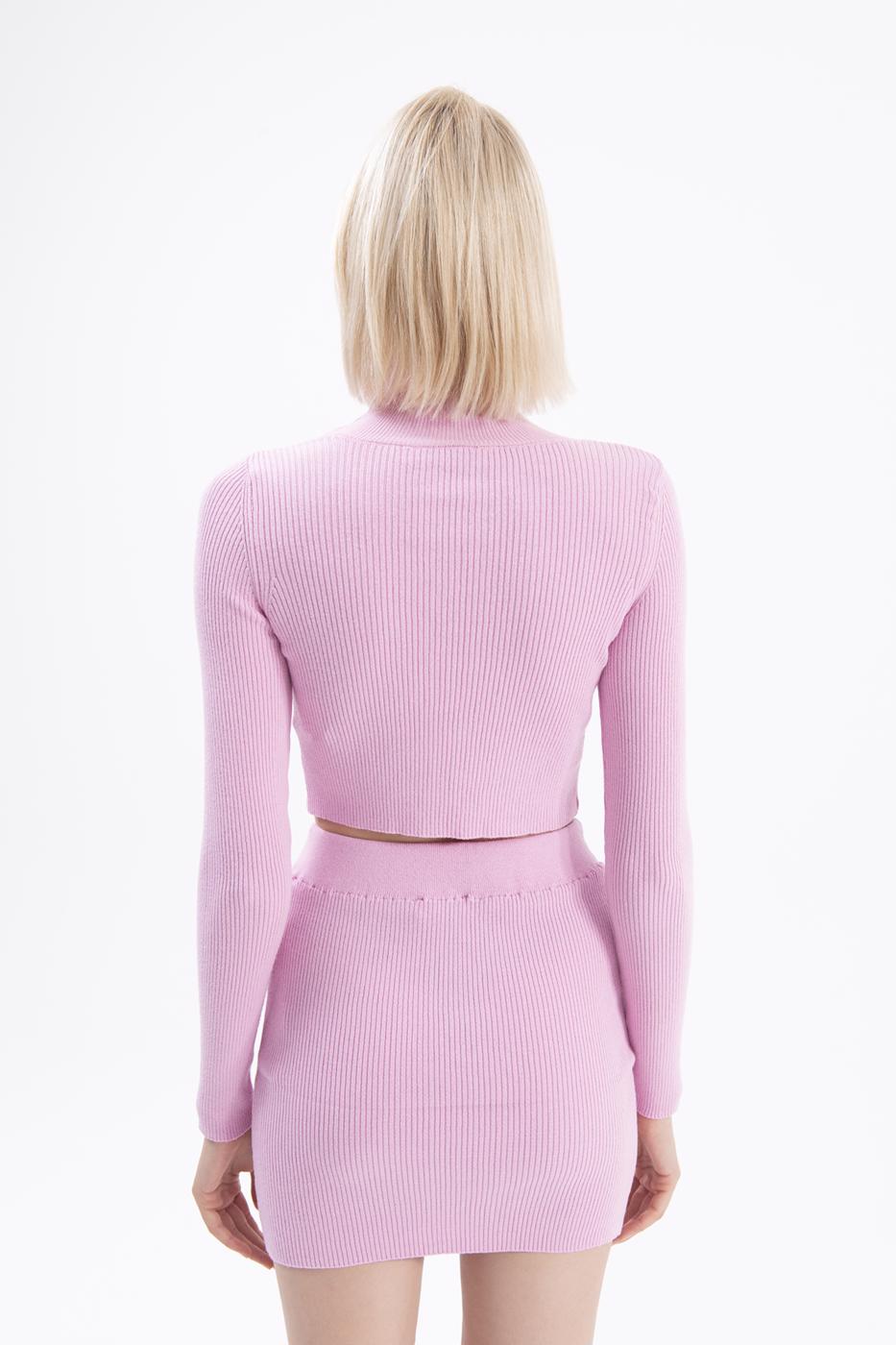 Bayan Pembe Dik Yakalı Crop Triko Bluz