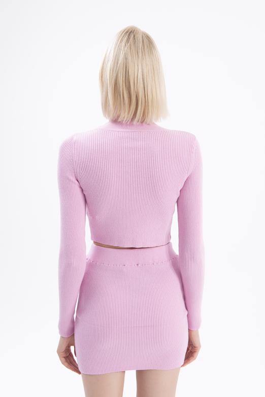 Bayan Pembe Dik Yakalı Crop Triko Bluz - BSL