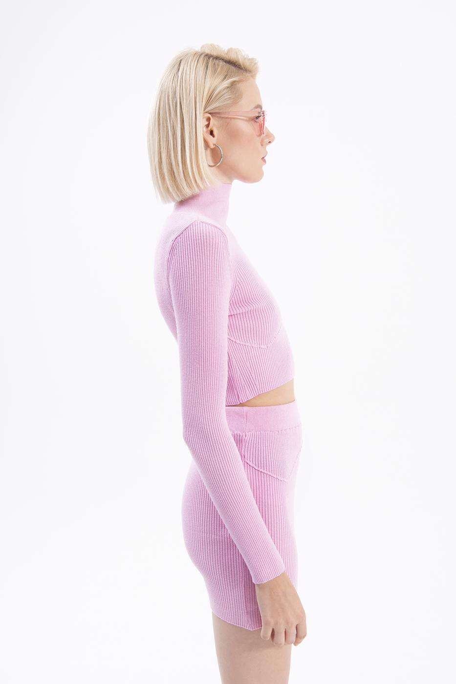 Bayan Pembe Dik Yakalı Crop Triko Bluz