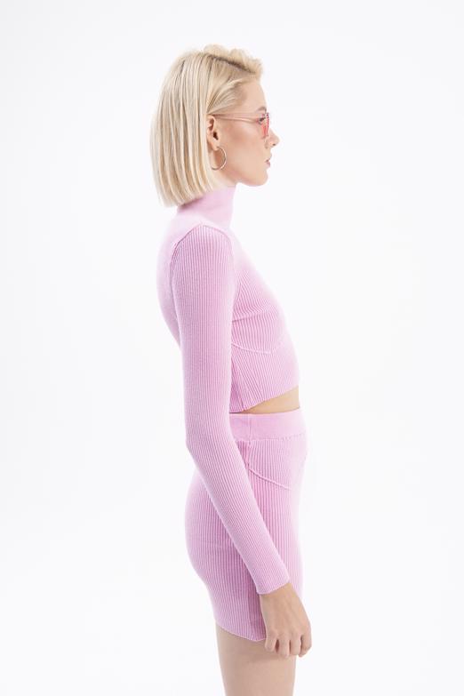 Bayan Pembe Dik Yakalı Crop Triko Bluz - BSL