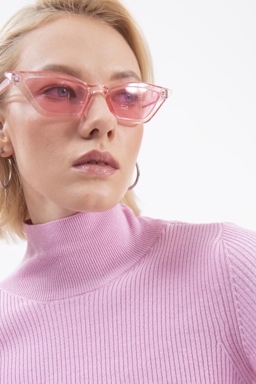 Bayan Pembe Dik Yakalı Crop Triko Bluz - BSL