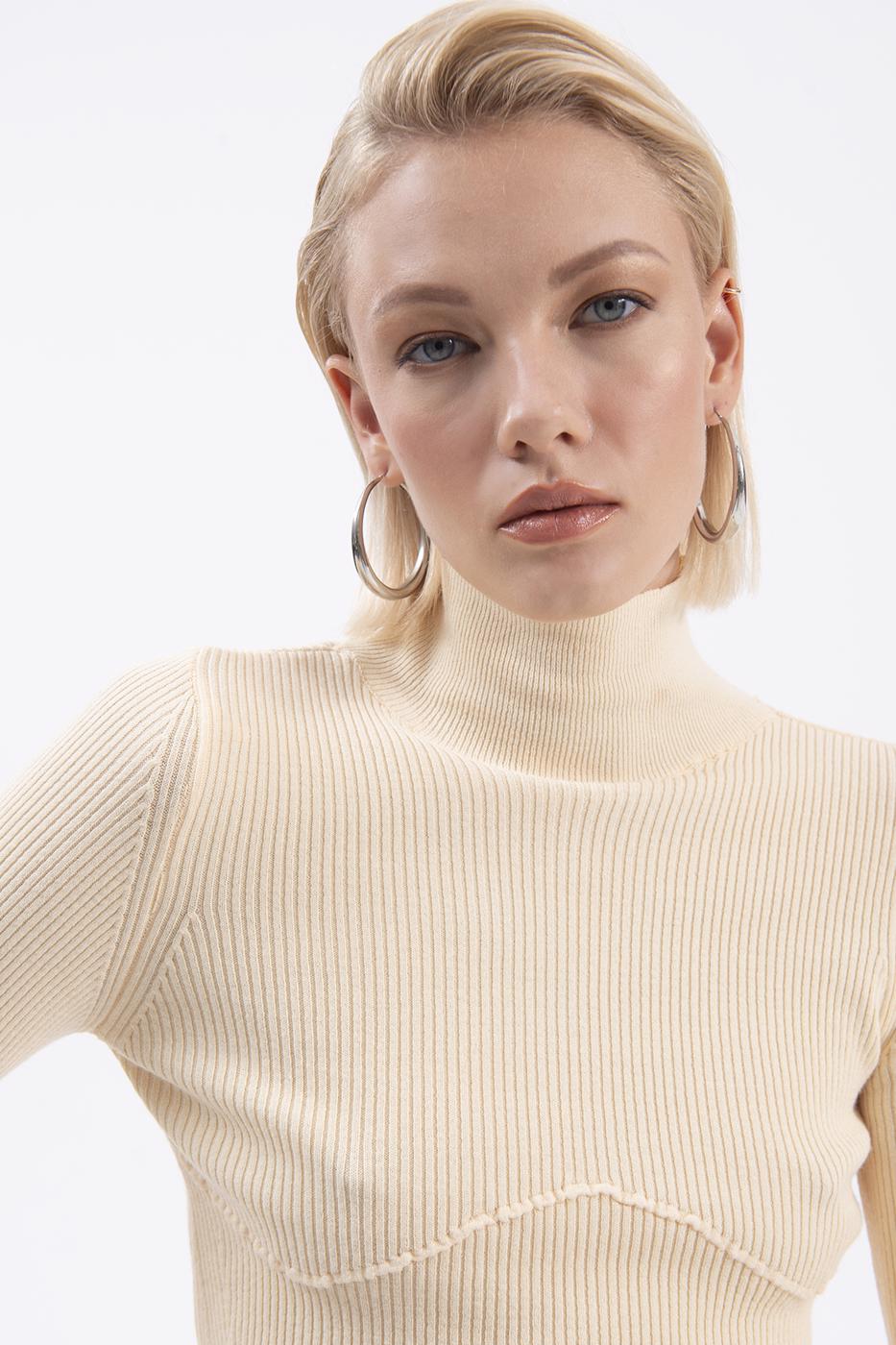 Bayan Sarı Dik Yakalı Crop Triko Bluz