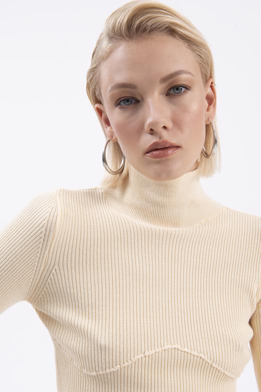 Bayan Sarı Dik Yakalı Crop Triko Bluz - BSL