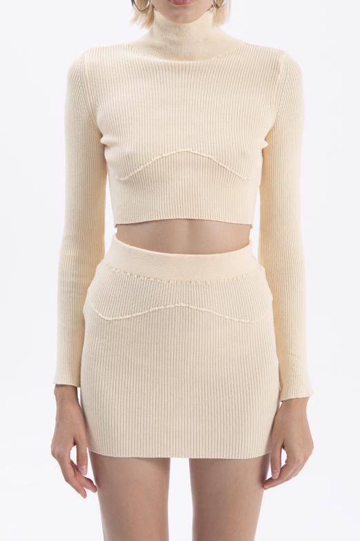 Bayan Sarı Dik Yakalı Crop Triko Bluz - BSL