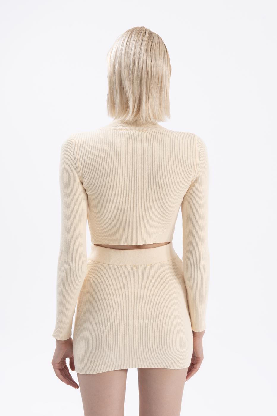 Bayan Sarı Dik Yakalı Crop Triko Bluz