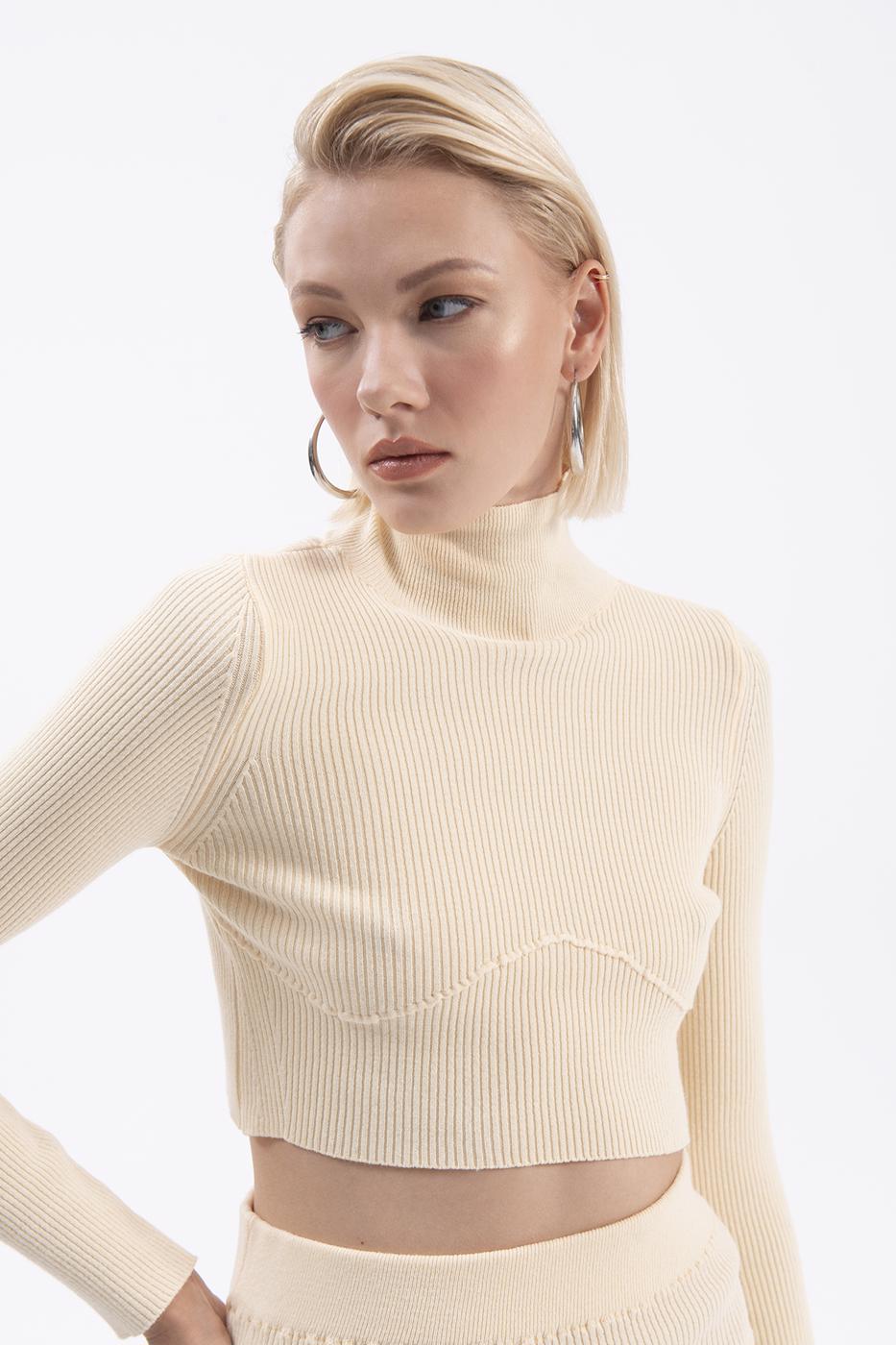 Bayan Sarı Dik Yakalı Crop Triko Bluz