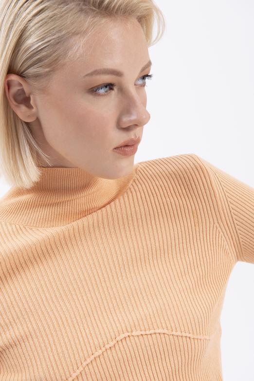 Bayan Somon Dik Yakalı Crop Triko Bluz - BSL